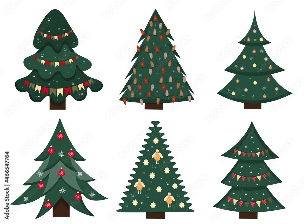 Set of Christmas tree. New Years tree with heralds, light bulb. Decorated xmas trees. Suitable for greeting card, invitation, banner, web. Elements for winter holidays decor.