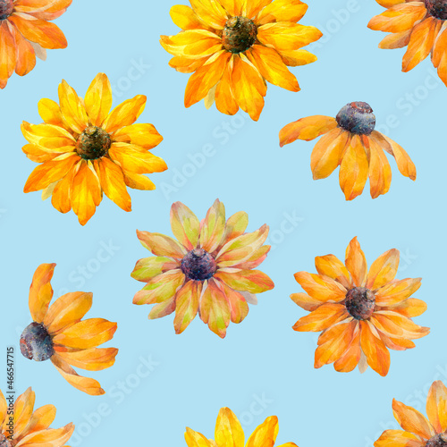 Rudbeckia flower pattern. Botanical seamless pattern for wallpaper, textile, wrapping paper, design. Bright, trendy abstract flower ornament.