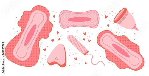 Set on the theme of feminine hygiene products during menstruation. Vector illustration.