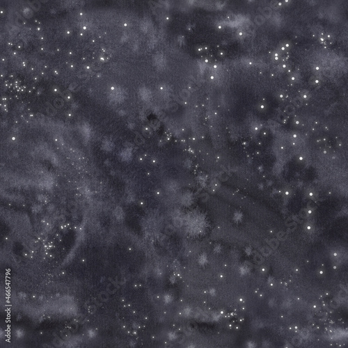 Watercolor seamless space pattern with constellations and stars. Cosmic galaxy illustration. Astronomical black background. Night sky with nebula and stars. Starry outer space background texture.