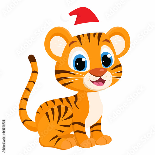 Character cute baby tiger wearing Santa hat, isolated on the white background