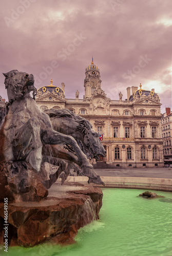  Terreaux square in Lyon city, France, at sunset photo