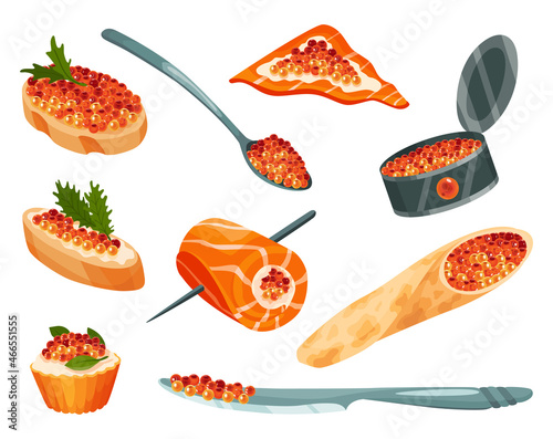 Delicious caviare snack and canape, pancakes, roll and sandwich with canned caviar. Seafood product of red fish and sturgeon or fish from the salmon family. Gourmet food close up, appetizers