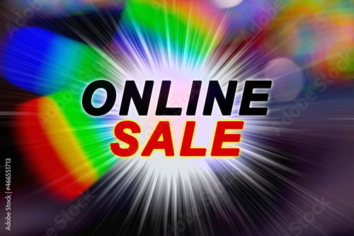 Text ONLINE SALE on motion blurred background, flight space multicolored