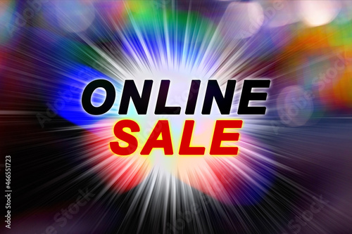Text ONLINE SALE on motion blurred background, flight space multicolored