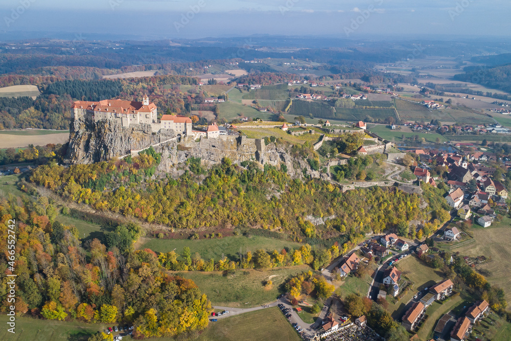 Aerial view of the Riegersburg castle in Austria during colorful autumn