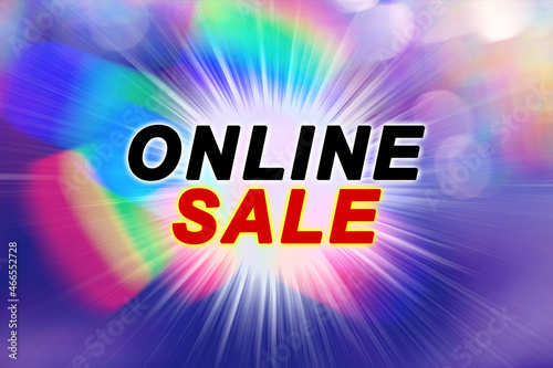 Text ONLINE SALE on motion blurred background, flight space multicolored