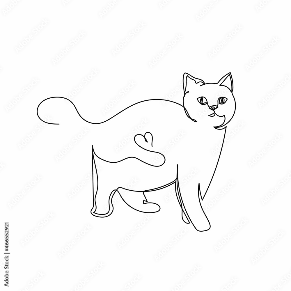 Fototapeta premium Vector continuous one single line drawing icon of cute cat animal concept in silhouette on a white background. Linear stylized.