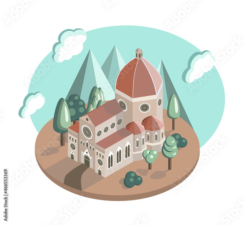 Isometric view of beautiful building in italian style. Santa Maria del Fiore, florence basilica. Vector illustration.