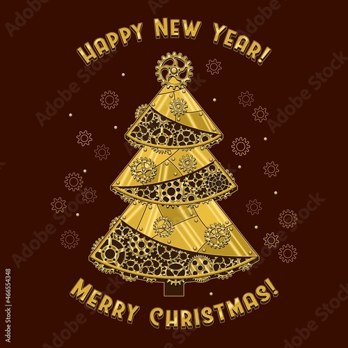 Pre-made postcard with christmas tree made of shiny brass, gold metal plates, gears, cogwheels, rivets in steampunk style.
