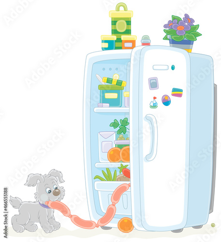 Little puppy glutton filching tasty sausages from a fridge with foods, vector cartoon illustration isolated on a white background