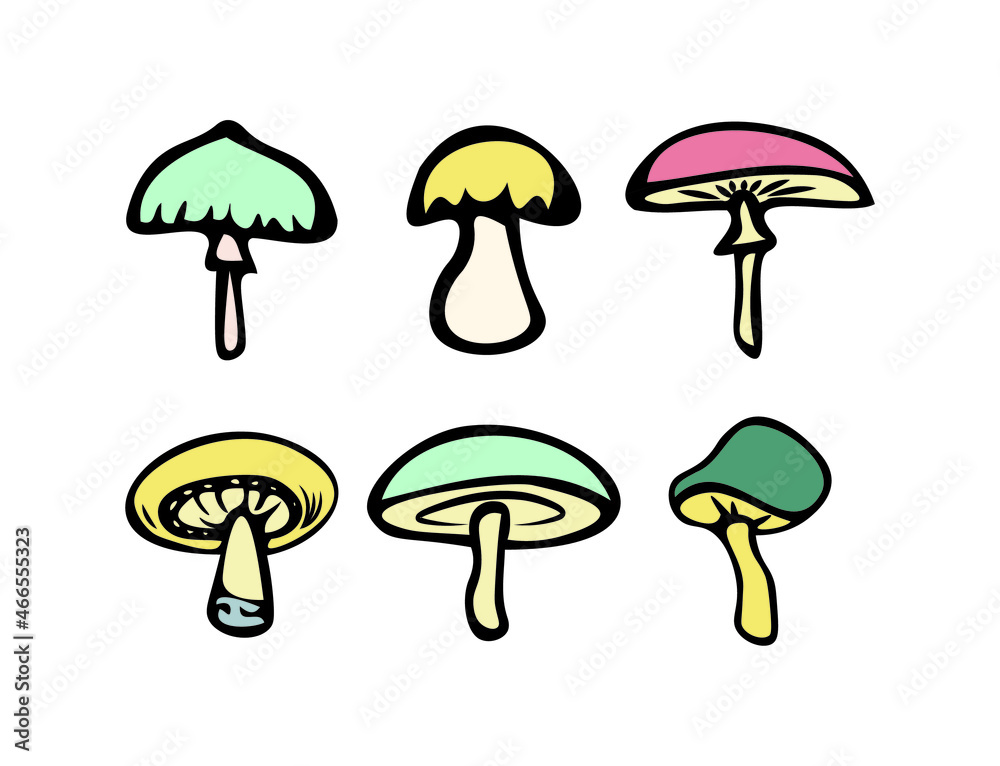 A set of mushrooms. Vector image. Set of colored mushrooms in doodle style, edible and inedible mushrooms. Template for creating compositions, printing patterns.