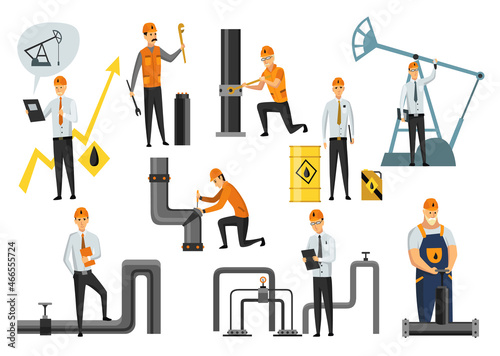 Oil petroleum industry. Engineers or oilmans in professional work isolated. Extraction and transportation oil and petrol, rig and barrels on flat cartoon icons. Isolated vector illustration