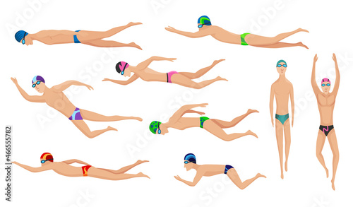 Swimmers set. Collection various characters of swimming men in swimsuits. People in action poses or engaged water sport. Colorful vector illustration in cartoon style isolated on white background