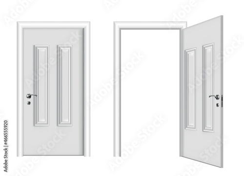 Fototapeta Naklejka Na Ścianę i Meble -  Open and closed white entrance. Realistic door isolated on white background. Clean design white door template. Decorative house element