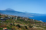 Panoramic view of La Orotava valley, with Puerto de la Cruz ciity i and the vulcano Teide in the top in a sunny day Canary Islands.