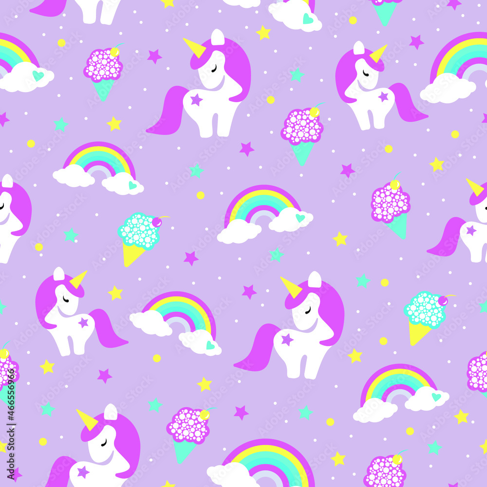 Seamless pattern with unicorns, rainbow, ice-cream, confetti, stars and other elements.Cute fairytale animals, pony unicorns with rainbow, cloud, stars. Fairy tale unicorns background illustration. 