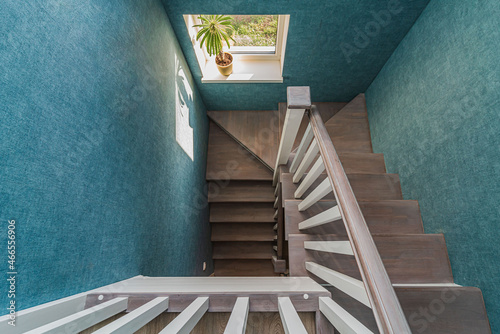 Staircase with wooden steps in a private house top view