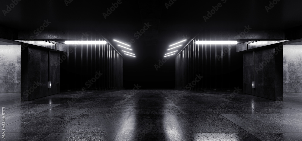 Dark Concrete Led White Lights Underground Tunnel Corridor Cement Asphalt Basement Hallway Warehouse Tunnel Corridor Metal Structure Realistic Empty 3D Rendering - obrazy, fototapety, plakaty 