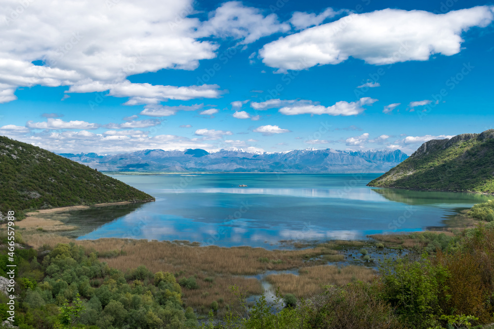 Landscape view of the Skadar lake and mountains of Montenegro