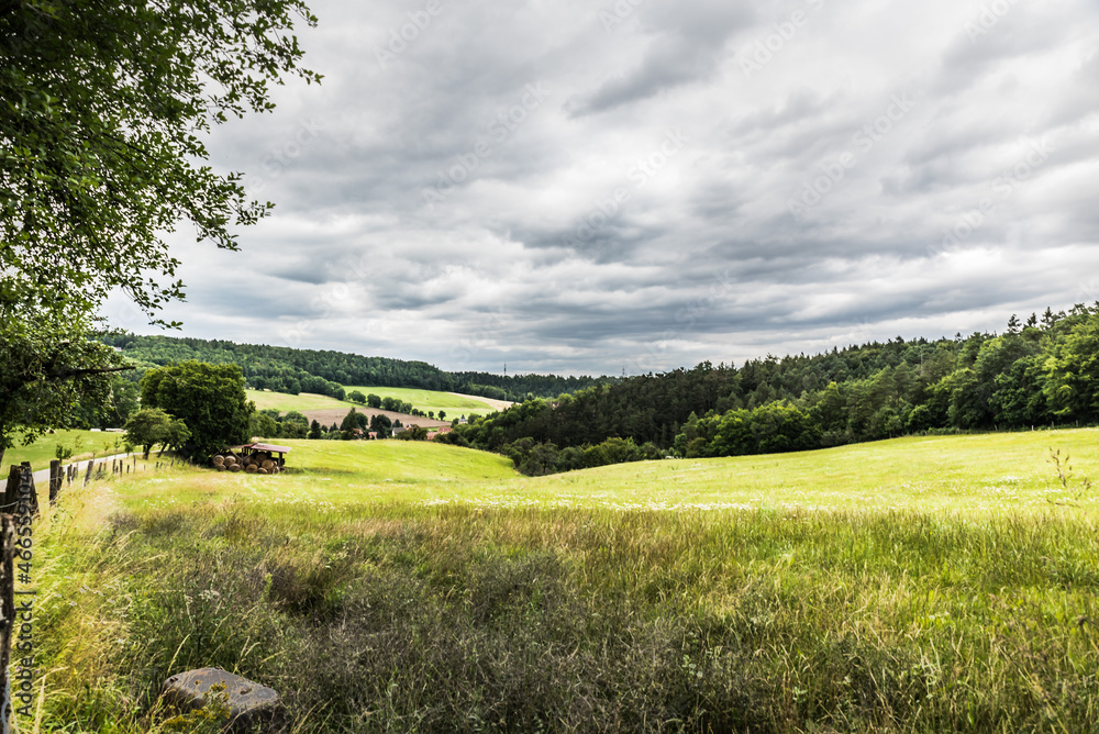 Agriculture fields and green meadow landscale at the German countryside at Ilmtal