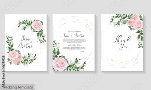 Invitation card template. Pink roses, eucalyptus, green plants and flowers, beautiful openwork leaves.
