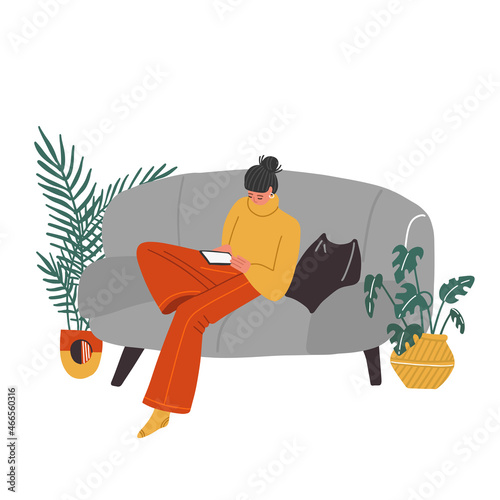 Young woman sitting on sofa and watching her cell phone with plants around. . Teenage Girl at home, surfing the Internet, reading a message. Flat vector illustration.
