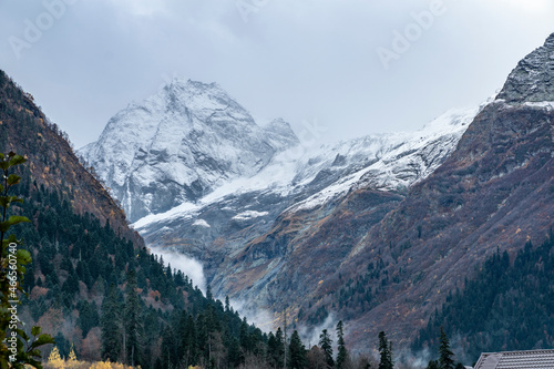 landscape, nature, gorge, dombai-ulgen, mountains, snowy peaks, forest, trees, fir trees, expanse, distance, height, sky, clouds, fog, haze, autumn, october, travel, beauty