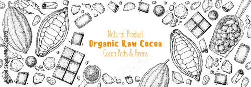 Chocolate cooking and ingredients for chocolate, sketch illustration. Cocoa pod and cocoa products. Vector illustration. Super food frame. Healthy food, design elements. Hand drawn, package design.