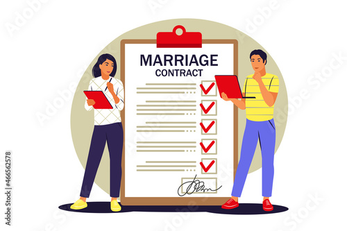 Couple getting married and signing marriage contract. Vector illustration. Flat.