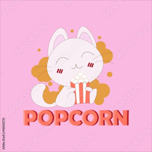 Vector isolated illustration of Cute kawaii cat with popcorn, logo, label, sticker	