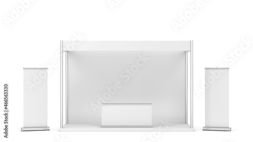 Φωτογραφία Blank tradeshow booth with counter and rollup banner