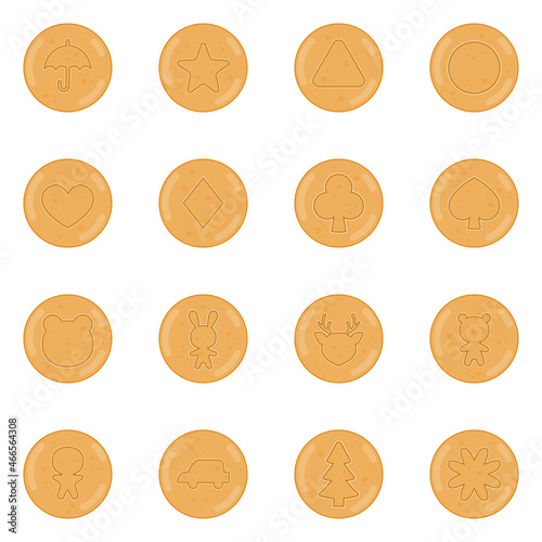Set of candies dalgona with various shapes. Ppopgi pattern. Vector flat illustration