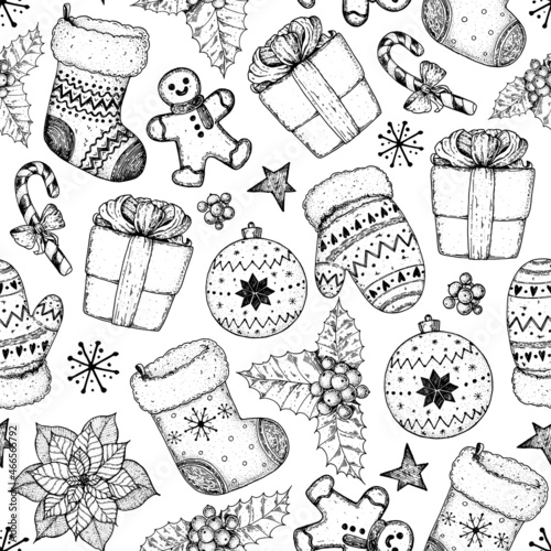 Christmas seamless pattern. Christmas package template for gift. Hand drawn vector illustration. Vintage sketch.