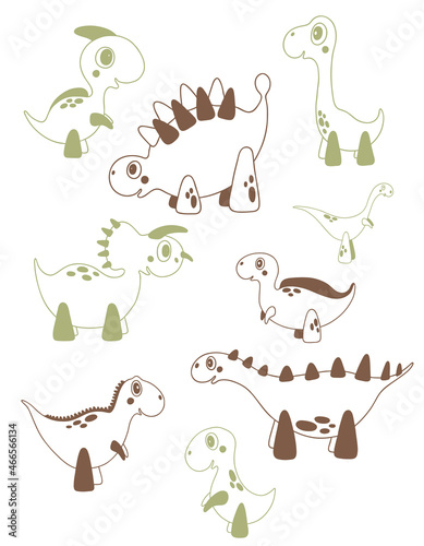 Vector Dino set. Collection of Isolated illustrations. Cute cartoon contour dinosaurs. Nice children characters for icon  stickers  kids decor  fabric  textile 