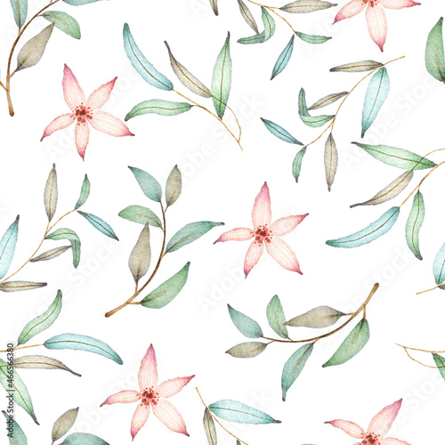 Soft Peach Flowers and Leaves on White Watercolor Seamless Pattern