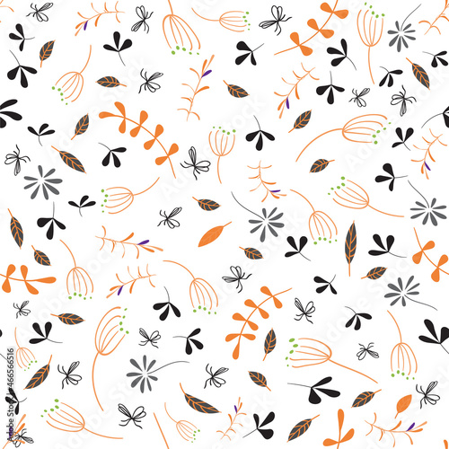 Seamless beautiful black and orange pattern on a white background. Dynamically located twigs, leaves, inflorescences, blades of grass. Square vector illustration. Used for packaging. Eps 10.