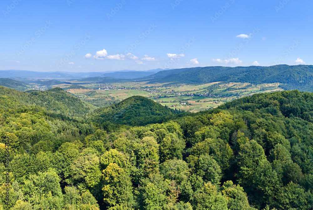 Naklejka premium Aerial view of mountain hills covered with dense green lush woods on bright summer day.