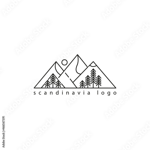 The Scandinavian logo. Scandinavian landscape in flat style. Green mountains, northern nature, forests and fir trees