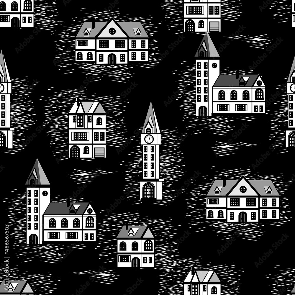 Modern artistic illustration pattern with different buildings and texture spots in black and white.Outlines design elements arranged chaoticaly.Vector seamless fashionable template.
