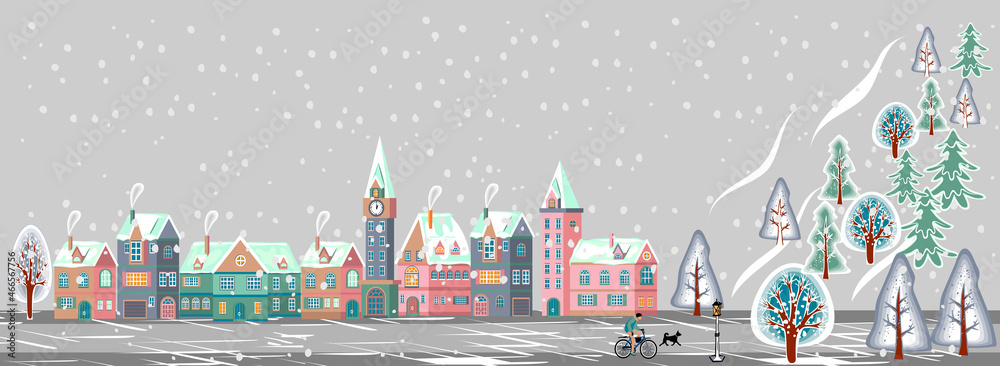 Winter cityscape with  houses, a clock tower, trees, a cyclist with a dog, a lantern and snow. Background  with place for text.Vector Christmas street village city. Isolated flat cartoon illustration.