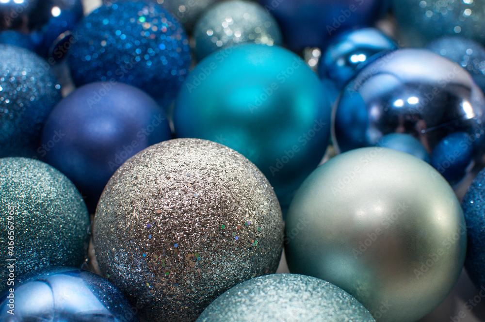 silver, blue and blue Christmas balls with blurred edges solid background silver, blue and blue Christmas balls with blurred edges solid background