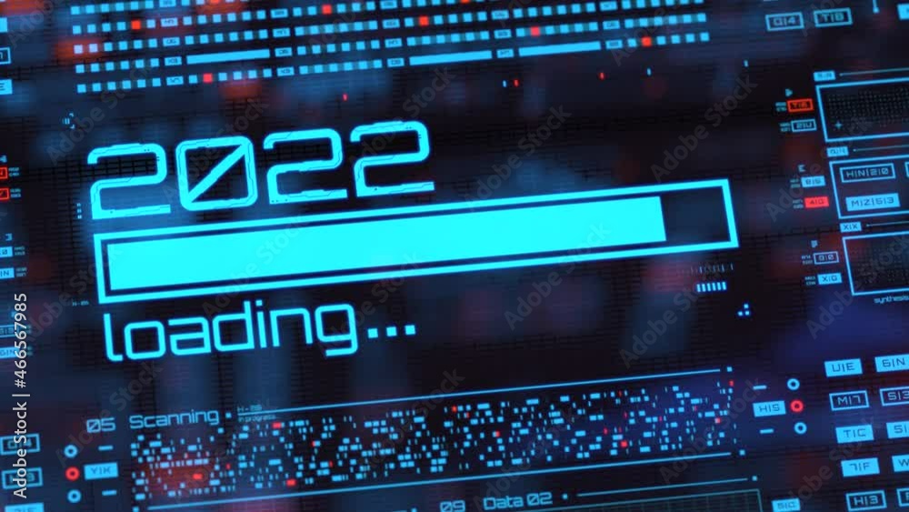 2022 year progress bar on digital lcd display with reflection. Abstract technology background. 3D rendering.