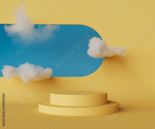3d render, abstract background with blue sky inside the window on the yellow wall. White clouds fly inside the room with vacant podium. Blank showcase mockup with empty round stage © herme