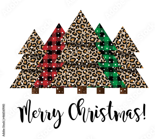 Festive Christmas tree card in pattern at Buffalo Plaid and leopard pattern.