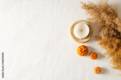 Autumn fla lay with dried pampas grass and pumpkins candle