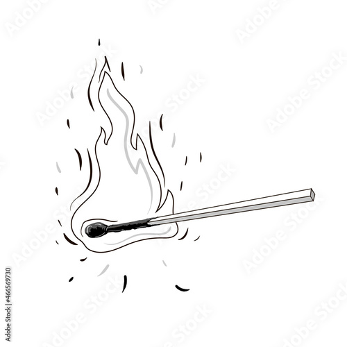 Drawing of a burning match, sparks fly around. Black and white drawing. Stock vector illustration isolated on a white background.