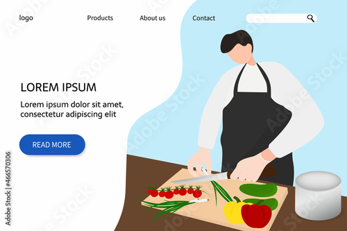 landing page of the cook courses. web template design, vector illustration. A male chef cuts vegetables on a chopping board with a knife in his hand