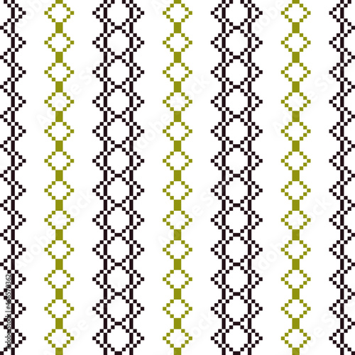 Geometric seamless pattern of green and black squares in a flat style ornament in the form of pixels. Embroidery dotted schemes. Textile geo prints. Pixel navajo backgrounds.
