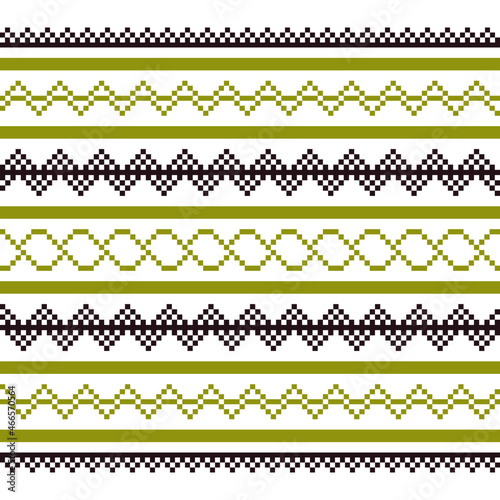 Geometric seamless borders of green and black squares in a flat style ornament in the form of pixels. Embroidery dotted schemes. Textile geo prints. Pixel navajo backgrounds.